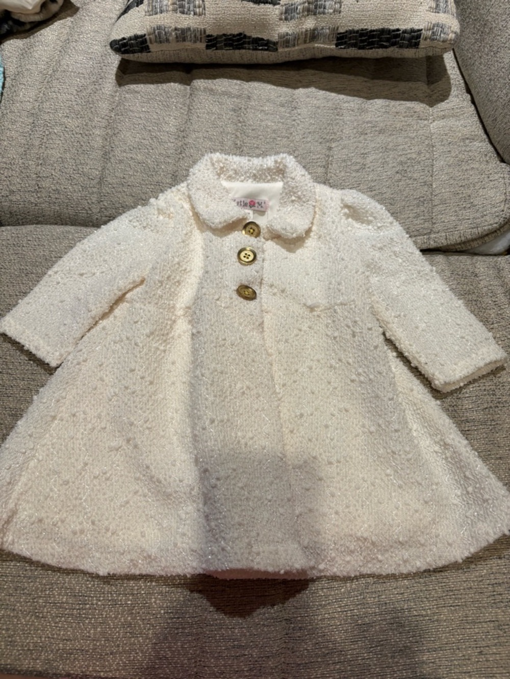 Girls' Cream light faux fur Peacoat with Decorative Buttons